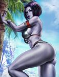 1girl armband ass beach black_hair blue_skin breasts colored_skin commentary dandon_fuga dc_comics large_breasts lips long_hair palm_tree parted_lips raven_(dc) signature solo teen_titans thick_thighs thighs tree violet_eyes 