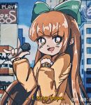 1980s_(style) 1girl :d bow brown_hair building city day english_text eyebrows_visible_through_hair green_bow hair_bow highres indie_virtual_youtuber l.yusa long_hair microphone nanahira open_mouth orange_eyes recording retro_artstyle smile sweater very_long_hair virtual_youtuber 