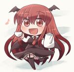 1girl bangs bat_wings black_hair black_legwear black_skirt black_vest chibi cup eighth_note full_body garter_straps hair_between_eyes holding holding_cup koakuma long_hair long_sleeves looking_at_viewer multiple_wings musical_note necktie open_mouth red_eyes red_footwear red_neckwear redhead rokugou_daisuke shirt signature skirt smile solo standing standing_on_one_leg thigh-highs touhou very_long_hair vest white_background white_shirt wings