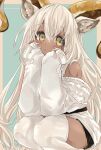  1girl :i an_fyhx animal_ear_fluff animal_ears arknights beeswax_(arknights) beeswax_(weisser_sand)_(arknights) black_shorts blush dark-skinned_female dark_skin dress elbow_rest feet_out_of_frame goat_ears goat_girl goat_horns hair_between_eyes hands_on_own_face head_rest highres horns long_hair looking_at_viewer off-shoulder_dress off_shoulder official_alternate_costume shorts solo squatting thigh-highs white_dress white_hair white_legwear 