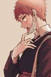  1boy amido_(compassion273) bag bangs black_jacket black_neckwear blush brown_background brown_eyes collared_shirt dangan_ronpa_(series) dangan_ronpa_2:_goodbye_despair hand_up highres hinata_hajime jacket long_sleeves male_focus mask mask_pull mouth_mask necktie piercing profile shirt short_hair shoulder_bag solo sweatdrop tongue tongue_out tongue_piercing 