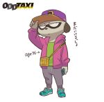  1boy arm_up baseball_cap blue_footwear commentary daimon_kenshirou furry green_shirt hat highres holding holding_phone jacket looking_away male_focus mugicaan1 odd_taxi pants phone pink_jacket shirt simple_background solo track_pants translated white_background 