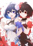  2girls antenna_hair bare_shoulders blue_butterfly blue_eyes blue_hair breasts bug butterfly closed_mouth dress dual_persona flower hair_between_eyes hair_flower hair_ornament honkai_(series) honkai_impact_3rd insect looking_at_viewer multiple_girls open_mouth qingxiao_kiyokiyo red_butterfly red_dress red_eyes red_flower redhead seele_(alter_ego) seele_vollerei seele_vollerei_(stygian_nymph) short_hair simple_background smile white_background white_dress white_flower 