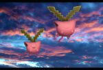  :d absurdres clouds commentary_request flying highres hoppip no_humans open_mouth outdoors pokemon pokemon_(creature) sky smile tongue twilight yellow_eyes zero_artbox 