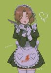  1girl apron bangs black_dress blood bloody_clothes blush bow brown_hair cowboy_shot dress eyebrows_visible_through_hair facing_viewer gloves green_background hands_up heart highres higurashi_no_naku_koro_ni holding knife long_sleeves maid maid_headdress noriuma ribbon ryuuguu_rena simple_background smile solo thigh-highs tongue tongue_out translation_request twitter_username waist_apron white_bow white_gloves yandere 