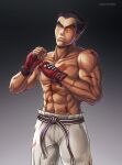  1boy abs black_hair crossed_arms fingerless_gloves gloves hybridmink looking_at_viewer male_focus mishima_kazuya muscular pants red_eyes scar shirtless short_hair simple_background super_smash_bros. tekken thick_eyebrows 