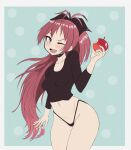  1girl apple black_shirt blush breasts eyebrows_visible_through_hair fang food fruit highres holding holding_food long_hair long_sleeves looking_at_viewer mahou_shoujo_madoka_magica navel one_eye_closed ponytail redhead sakura_kyouko shirt small_breasts smile solo thong very_long_hair wide_hips young_savage 