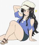  1girl akiyama_mio arm_behind_head arm_up black_eyes black_hair blush breasts closed_mouth collarbone eyebrows_visible_through_hair hat k-on! knee_up large_breasts long_hair looking_at_viewer one_eye_closed sandals short_sleeves shorts sitting smile solo star_(symbol) thick_thighs thighs young_savage 
