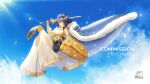  1girl absurdres acrylicstroke bare_shoulders blue_sky breasts cloak clouds commission detached_sleeves dress fire_emblem fire_emblem_awakening floating full_body gold highres holding holding_shield holding_sword holding_weapon light_blush light_smile long_dress long_sleeves lucina_(fire_emblem) shield shiny shiny_hair sky solo sunlight sword tiara weapon white_dress white_sleeves 