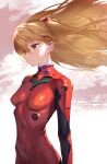  1girl bangs blue_eyes bodysuit breasts brown_hair closed_mouth commentary_request cowboy_shot eyebrows_visible_through_hair floating_hair hair_between_eyes highres interface_headset long_hair medium_breasts neon_genesis_evangelion number partial_commentary plugsuit red_bodysuit signature siino smile solo souryuu_asuka_langley standing 