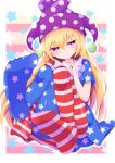  1girl american_flag_dress american_flag_legwear blonde_hair clownpiece feet full_body hat highres jester_cap light_smile long_hair looking_at_viewer neck_ruff no_wings pantyhose polka_dot purple_headwear short_sleeves sitting solo star_(symbol) star_print striped striped_background tomoe_(fdhs5855) touhou very_long_hair violet_eyes 