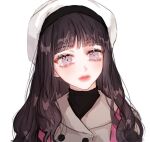  1girl bad_id bad_twitter_id bangs beret black_hair black_shirt blush boychaaa cardcaptor_sakura coat daidouji_tomoyo hat light_purple_eyes manhwa pale_skin pink_lips protected_link shirt solo trench_coat turtleneck violet_eyes white_background winter_clothes winter_coat 