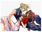  1boy 1girl aerith_gainsborough bangs blonde_hair blue_eyes blue_pants braid brown_hair cloud_strife commission dress final_fantasy final_fantasy_vii from_side green_eyes hair_ribbon highres holding_person long_hair looking_at_another looking_down looking_up pants parted_lips pink_ribbon ribbon sidelocks sleeveless spiky_hair tidus_fair_supertramp turtleneck white_background white_dress 