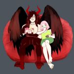  1boy 1girl black_hair green_eyes haruno_sakura horns naruto naruto_shippuuden pink_hair uchiha_madara wings 