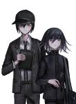  2boys bag bangs black_bag black_hair black_headwear black_jacket black_pants brown_eyes cellphone collared_shirt dangan_ronpa_(series) dangan_ronpa_v3:_killing_harmony death_note death_note_(object) diagonal-striped_neckwear diagonal_stripes flip_phone grey_shirt grin hair_between_eyes hand_up hat highres holding holding_phone jacket long_sleeves looking_up male_focus monokuma multiple_boys necktie ouma_kokichi pants phone purple_hair saihara_shuuichi shirt shirt_tucked_in simple_background smile striped striped_neckwear teeth tejava_(te_java_v3) violet_eyes weapon white_background 