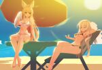  2girls aduare animal_ears beach beach_chair beach_umbrella bikini black_bikini blonde_hair clouds commentary copyright_request fox_ears front-tie_bikini front-tie_top grey_hair holding holding_towel long_hair midriff multiple_girls navel parasol pixel_art red_eyes side-tie_bikini sitting sun swimsuit thigh_strap towel umbrella very_long_hair white_bikini 