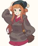  1girl aomap backpack bag beanie brown_hair collared_shirt cosplay double_bun eyebrows_behind_hair gloria_(pokemon) gloria_(pokemon)_(cosplay) green_eyes green_headwear grey_sweater hand_in_pocket hat korean_commentary long_hair looking_at_viewer nijisanji nijisanji_kr pink_shirt pokemon pokemon_(game) pokemon_swsh seffyna shirt smile solo sweater upper_body virtual_youtuber 