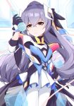  1girl bangs black_gloves breasts bronya_zaychik bronya_zaychik_(herrscher_of_reason) drill_hair gloves grey_eyes grey_hair grin hair_between_eyes hair_ornament holding honkai_(series) honkai_impact_3rd leggings long_hair looking_at_viewer microphone qingxiao_kiyokiyo small_breasts smile solo teeth twin_drills white_background white_legwear 