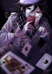  1boy absurdres bangs black_hair black_scarf blurry blurry_foreground buttons card chain checkered checkered_neckwear checkered_scarf commentary_request dangan_ronpa_(series) dangan_ronpa_v3:_killing_harmony depth_of_field double-breasted grey_jacket grey_scarf hair_between_eyes hand_up highres holding jacket long_sleeves looking_at_viewer male_focus monokuma ouma_kokichi pants playing_card purple_hair scarf smile soba_kichi_(sobagoma) solo straitjacket white_pants 