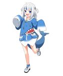  1girl absurdres bangs blue_eyes blue_hair blue_hoodie blunt_bangs blush commentary felutiahime fish_tail full_body gawr_gura hair_ornament hands_up highres hololive hololive_english hood hoodie long_hair long_sleeves looking_at_viewer multicolored_hair open_mouth shark_girl shark_hair_ornament shark_tail sharp_teeth shoes silver_hair simple_background smile sneakers solo streaked_hair tail teeth two_side_up virtual_youtuber white_background white_footwear wide_sleeves 