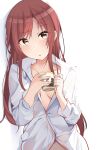  1girl :o bangs breasts brown_eyes brown_hair cac_itinose collared_shirt commentary_request cup dress_shirt eyebrows_visible_through_hair hands_up highres holding holding_cup idolmaster idolmaster_shiny_colors long_hair long_sleeves looking_at_viewer mug oosaki_amana parted_bangs parted_lips shirt small_breasts solo very_long_hair white_shirt 