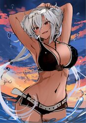  1girl belt bikini black_bikini black_nails black_shorts breasts clouds commentary_request cowboy_shot dark-skinned_female dark_skin eyewear_on_head gradient_sky kantai_collection large_breasts looking_at_viewer musashi_(kancolle) orange_sky rectangular_eyewear red_eyes semi-rimless_eyewear short_shorts shorts silver_hair sky solo sunset swimsuit twintails two_side_up white_belt work_in_progress yunamaro 