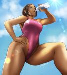  1girl ass blue_eyes blue_sky blush bottle brown_hair clouds dark-skinned_female dark_skin drinking hand_on_hip leotard original shibusun sky solo sweat 