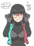  1girl bangs black_bodysuit black_hair blunt_bangs bodysuit bodysuit_under_clothes glasses gloves grey_gloves heterochromia hime_cut holding holding_eyewear jacket letterman_jacket long_hair looking_at_viewer planet_of_junk switch-tan 