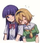  2girls bangs black_hairband blonde_hair blunt_bangs blush bow breasts closed_eyes cropped_torso dress_shirt drooling eyebrows_visible_through_hair furude_rika green_shirt grey_background hair_between_eyes hairband higurashi_no_naku_koro_ni houjou_satoko leaning_on_person long_hair looking_at_another medium_breasts multiple_girls noriuma pink_bow puffy_short_sleeves puffy_sleeves sailor_collar shirt short_sleeves simple_background sleeping smile twitter_username violet_eyes white_shirt 