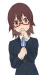  1girl blazer blue_neckwear blush brown_eyes brown_hair glasses hand_to_own_mouth highres jacket k-on! kagiana manabe_nodoka sakuragaoka_high_school_uniform school_uniform semi-rimless_eyewear short_hair sketch solo 