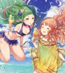  2girls bikini braid breasts closed_eyes cup dress drink fire_emblem fire_emblem:_radiant_dawn fire_emblem:_three_houses fire_emblem_heroes floating_hair frills green_eyes green_hair hair_ribbon haru_(nakajou-28) holding holding_cup long_hair multiple_girls ocean one-piece_swimsuit open_mouth orange_hair outdoors pointy_ears ribbon ribbon_braid see-through small_breasts smile sothis_(fire_emblem) summer swimsuit twin_braids very_long_hair yellow_dress yune_(fire_emblem) 