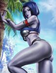  1girl armband ass beach black_hair blue_skin breasts colored_skin commentary dandon_fuga dc_comics hood hoodie large_breasts lips long_hair palm_tree parted_lips raven_(dc) signature solo teen_titans thick_thighs thighs tree violet_eyes 