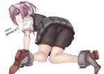  1girl all_fours bike_shorts black_shorts black_skirt black_vest blue_eyes commentary_request dress_shirt from_behind from_below full_body grey_vest kantai_collection looking_at_viewer looking_back minarai one-hour_drawing_challenge pink_hair rudder_footwear school_uniform shiranui_(kancolle) shirt short_sleeves shorts shorts_under_skirt simple_background skirt solo vest white_background white_shirt 