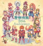  6+boys abs anbe_yoshirou anniversary armor brown_hair character_request children_of_mana duran_(seiken_densetsu_3) ferrick hat hero_(sd1) heroes_of_mana highres keldric leaf legend_of_mana looking_at_viewer multiple_boys randi roget seiken_densetsu seiken_densetsu_1 seiken_densetsu_2 seiken_densetsu_3 seiken_densetsu_4 smile spiky_hair standing sword toto_(lom) weapon 