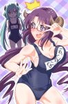 2girls anna_(princess_connect!) blush breasts demon_horns glasses highres horns large_breasts long_hair multiple_girls nanaka_(princess_connect!) princess_connect! purple_hair school_swimsuit seryu_oekaki simple_background swimsuit violet_eyes 