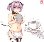 1girl alternate_costume anger_vein animal_ears animal_print apron artist_logo bell bikini blue_eyes coffee coffee_cup commentary_request cow_ears cow_horns cow_print cow_tail cowbell cup dated disposable_cup fake_animal_ears fake_horns fake_tail frilled_apron frills highres holding holding_tray horns kanon_(kurogane_knights) kantai_collection neck_bell pink_hair print_bikini print_legwear shiranui_(kancolle) short_hair short_ponytail simple_background solo_focus sugar_cube swimsuit tail thigh-highs tray waist_apron white_apron white_background 