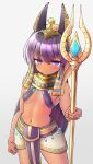  &gt;:( 1girl animal_ears anubis breasts dark-skinned_female dark_skin earrings egyptian_clothes egyptian_mythology gold hair_ornament haru-t highres holding holding_staff jackal_ears jewelry long_hair nemes original purple_hair small_breasts snake_hair_ornament staff usekh_collar v-shaped_eyebrows violet_eyes 
