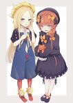  2girls abigail_williams_(fate) alternate_costume bangs black_bow black_dress black_headwear blonde_hair blue_eyes blue_overalls blush bow braid breasts cosplay costume_switch crown_braid dress fate/grand_order fate_(series) forehead full_body hair_bow hat highres long_hair long_sleeves looking_at_viewer multiple_bows multiple_girls navel open_mouth orange_bow orange_hair overall_shorts overalls parted_bangs polka_dot polka_dot_bow puffy_sleeves ribbed_dress sato_(r017xts117) side_braid sleeves_past_fingers sleeves_past_wrists small_breasts smile straw_hat stuffed_animal stuffed_toy teddy_bear van_gogh_(fate) white_bloomers yellow_headwear 