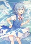  1girl :d absurdres ahoge bangs blue_bow blue_dress blue_eyes blue_hair blush bow breasts cirno clouds cloudy_sky commentary_request day dress eyebrows_visible_through_hair feet_out_of_frame hair_bow hand_on_hip hand_up highres ice ice_wings leaning_forward looking_at_viewer nokoki_(motioko5) open_mouth outdoors pinafore_dress puffy_short_sleeves puffy_sleeves red_neckwear red_ribbon ribbon short_sleeves sky small_breasts smile snowflakes solo touhou tsurime wind wind_lift wings 