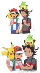  2boys ash_ketchum backpack bag bangs black_hair blue_jacket brown_bag closed_eyes commentary_request eyelashes gen_1_pokemon gen_8_pokemon goh_(pokemon) grey_shirt grookey hair_ornament highres holding jacket male_focus multiple_boys on_head on_shoulder open_mouth pants pikachu pokemon pokemon_(anime) pokemon_(creature) pokemon_on_head pokemon_on_shoulder pokemon_swsh_(anime) shirt short_hair short_sleeves sleeveless sleeveless_jacket smile sparkle t-shirt tongue upper_teeth white_background white_shirt ze_(0enmaitake) |d 