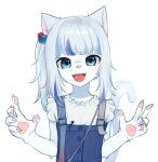  1girl :d animal_ears asymmetrical_hair bangs blue_dress blue_eyes blue_fur blue_hair blue_skin blunt_bangs cat_ears cat_tail colored_skin dress furrification furry gawr_gura hands_up hololive hololive_english looking_at_viewer medium_hair multicolored_hair one_side_up open_mouth paws sharp_teeth simple_background smile solo streaked_hair suspenders tail teeth twitter_username upper_body white_background yoako 