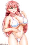  1girl akashi_(kancolle) bikini blunt_tresses breasts collarbone commentary_request contrapposto covered_nipples cowboy_shot dated green_eyes hair_ribbon highleg highleg_bikini highleg_swimsuit highres huge_breasts kantai_collection long_hair one-hour_drawing_challenge pink_hair pointing pointing_at_self ribbon simple_background solo swimsuit tress_ribbon twitter_username ura_tomomi white_background white_bikini 