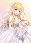  1girl blonde_hair bouquet breasts bridal_veil bride commission cowboy_shot double_bun dress fletcher_(kancolle) flower frills hair_ornament hair_ribbon kantai_collection large_breasts long_hair nagasioo open_mouth ribbon rose skeb_commission smile solo star_(symbol) star_hair_ornament twitter_username veil violet_eyes wedding_dress white_dress yellow_background 