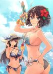  2girls ahoge ass back beach belly bikini black_hair blue_bikini blue_eyes blue_sky breasts brown_hair choukai_(kancolle) clouds cowboy_shot day eyebrows_visible_through_hair flower glasses hair_between_eyes hair_flower hair_ornament hat hat_ribbon highres kantai_collection kasumi_(skchkko) large_breasts long_hair looking_at_viewer maya_(kancolle) multiple_girls ocean outdoors ribbon rimless_eyewear short_hair sky straw_hat striped striped_bikini swimsuit water water_gun white_bikini 