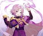  1boy blush book cape circlet elley226 fire_emblem fire_emblem:_the_sacred_stones fire_emblem_heroes highres holding holding_book looking_at_viewer lyon_(fire_emblem) magic open_mouth purple_hair smile solo upper_body upper_teeth violet_eyes younger 