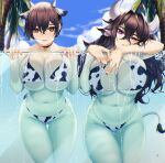  2girls against_glass animal_ears animal_print bangs bikini black_hair black_nails blue_sky blueorca breast_press breasts brown_eyes chinese_zodiac choker clouds cow_ears cow_girl cow_horns cow_print cow_tail day glass_wall hair_between_eyes highres horns huge_breasts jewelry large_breasts long_hair messy_hair multiple_girls nail_polish navel original palm_tree pendant pendant_choker pool short_hair sky swimsuit symbol_commentary tail tree violet_eyes year_of_the_ox 