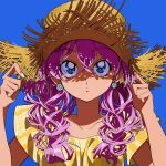  1girl aqua_eyes blue_background earrings eyebrows_visible_through_hair hair_between_eyes hat highres hrn_yc jewelry long_hair looking_at_viewer original purple_hair shadow shirt short_sleeves simple_background solo straw_hat white_nails yellow_shirt 