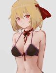  1girl arms_behind_back bangs bare_shoulders between_breasts bikini blonde_hair breasts choker closed_mouth grey_background hair_between_eyes hair_ribbon large_breasts light_blush light_smile looking_at_viewer navel red_eyes red_ribbon reddizen ribbon ribbon_choker rumia simple_background solo swimsuit touhou upper_body 