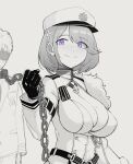 1boy 1girl azur_lane bangs blindfold blush breasts chain chapayev_(azur_lane) collar commander_(azur_lane) femdom geso_smith gloves greyscale hair_ornament hairclip hat highres holding holding_chain jacket large_breasts long_sleeves military_hat mole mole_on_breast monochrome short_hair simple_background smile spot_color upper_body violet_eyes