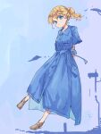  1girl alternate_costume alternate_hairstyle armor arms_behind_back blonde_hair blue_background blue_shirt breastplate full_body high_heels light_blue_background light_blue_eyes long_shirt looking_at_viewer maribel_hearn nama_udon no_headwear ponytail shirt solo touhou waist_bow 